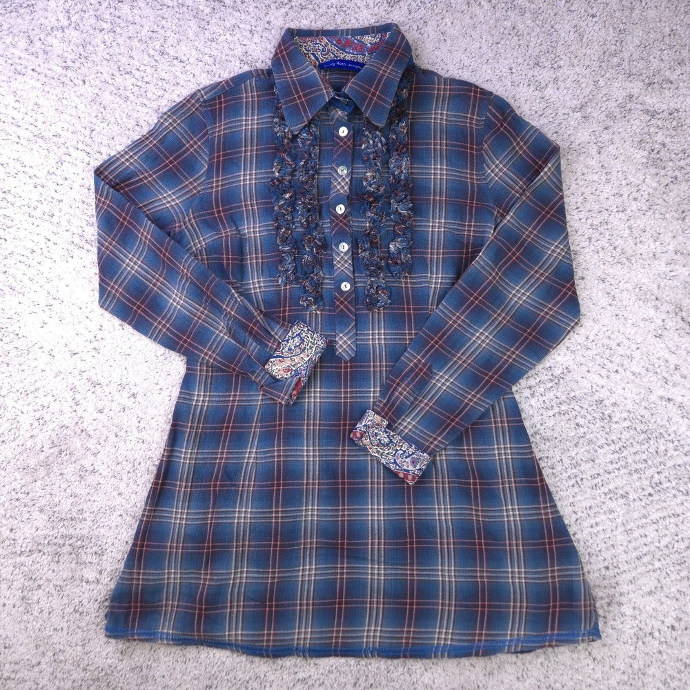Georg Roth Blouse Womens Small Flip Cuff Tunic Cottage Core Flip Cuff Plaid GUC
